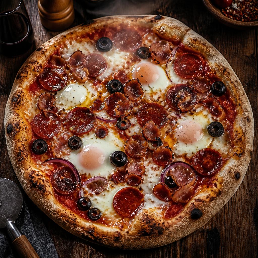 Pizza Rústica con bacon, chorizo y huevo